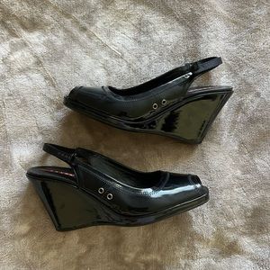 Vintage Prada Peep Toe Patent Leather Wedges